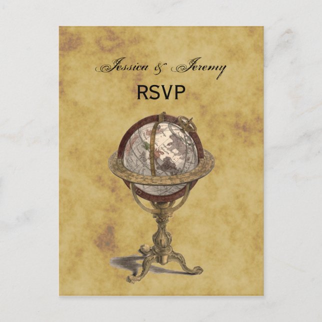 Invitation Carte Postale Antique Globe, BG perturbé RSVP (Devant)
