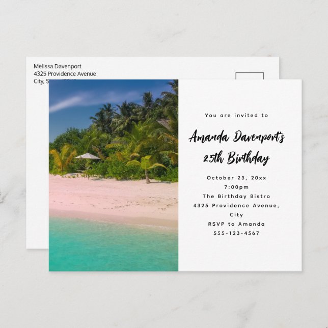 Invitation Carte Postale Aquamarine Ocean Tropical Beach Scenic Birthday (Devant / Derrière)