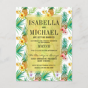 Invitation Carte Postale Aquarelle Ananas & Hibiscus Mariage tropical