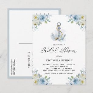 Invitation Carte Postale Aquarelle Ancre et Fleurs Bleues Baby Shower de Ma