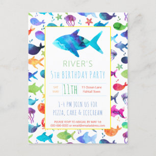 Invitation Carte Postale Aquarelle arc-en-ciel Poisson sous la mer Annivers