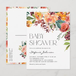 Invitation Carte Postale Aquarelle Baby shower de fleurs de automne rustiqu