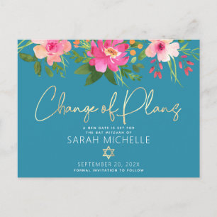 Invitation Carte Postale Aquarelle bat mitzvah Florale or Script bleu
