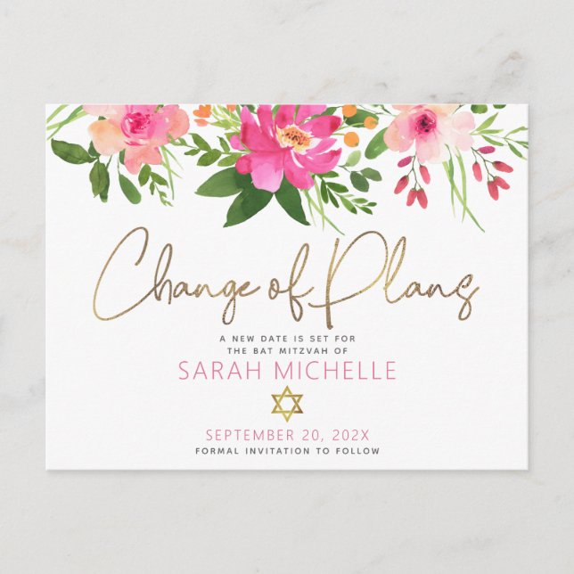 Invitation Carte Postale Aquarelle bat mitzvah rose Floral or Script (Devant)