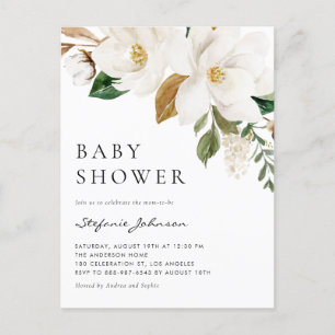 Invitation Carte Postale Aquarelle blanc Magnolia Baby shower rustique
