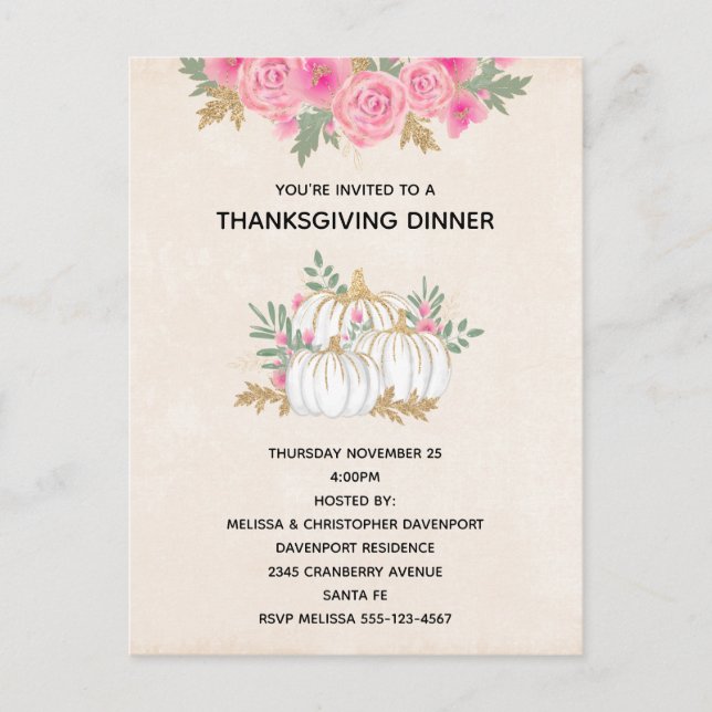 Invitation Carte Postale Aquarelle blanche et or Citrouille Thankesgiving (Devant)