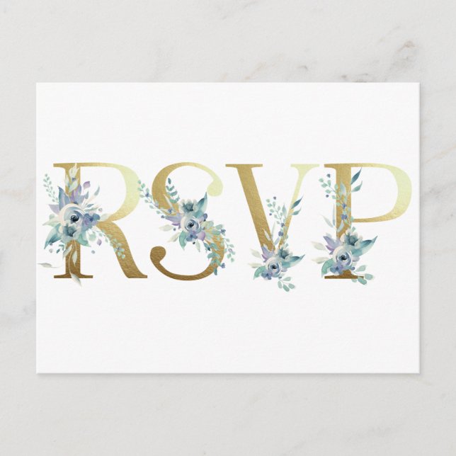 Invitation Carte Postale Aquarelle bleu doré Mariage élégant Floral (Devant)