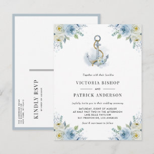Invitation Carte Postale Aquarelle Bleu Floral Ancre Nautique Mariage