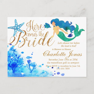 Invitation Carte Postale Aquarelle bleue de sirène sucrée sous-marin texte 