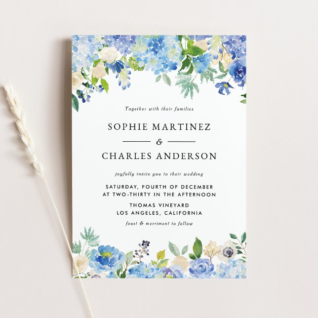 Invitation Carte Postale Aquarelle bleue Hydrangea et mariage d'hiver Rose (Blue Watercolor Hydrangea and Rose Winter Wedding Invitation Postcard)