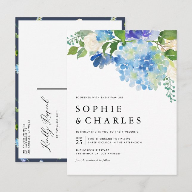 Invitation Carte Postale Aquarelle bleue Hydrangea Hiver Floral Mariage (Devant / Derrière)