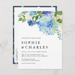 Invitation Carte Postale Aquarelle bleue Hydrangea QR Code Mariage