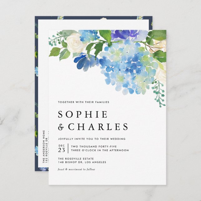 Invitation Carte Postale Aquarelle bleue Hydrangea QR Code Mariage (Devant / Derrière)