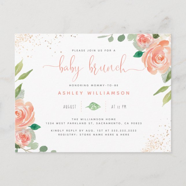 Invitation Carte Postale Aquarelle Blush Peonies & Eucalyptus Baby Brunch (Devant)