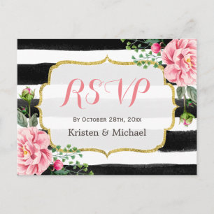 Invitation Carte Postale Aquarelle Blush rose rayures florales RSVP