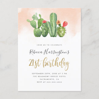 Invitation Carte Postale Aquarelle blush tendance & Cactus 21e anniversaire