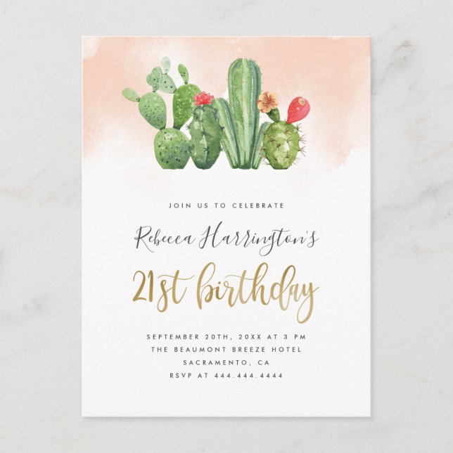 Invitation Carte Postale Aquarelle blush tendance & Cactus 21e anniversaire (Devant)