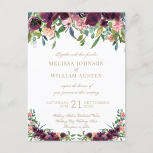 Invitation Carte Postale Aquarelle Bourgogne Blanc Or Mariage Floral