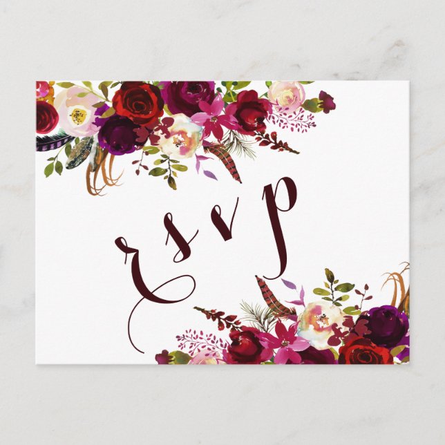 Invitation Carte Postale Aquarelle Bourgogne Florale Mariage d'automne RSVP (Devant)