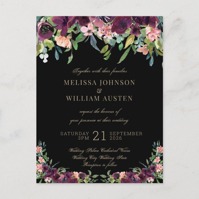 Invitation Carte Postale Aquarelle Bourgogne noir Mariage Floral (Devant)