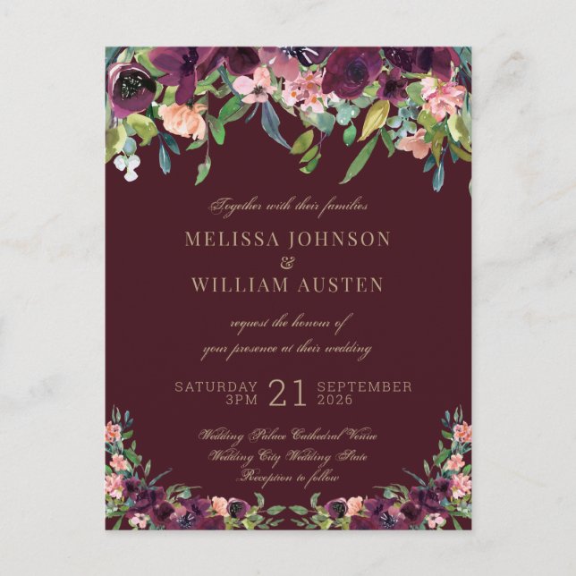 Invitation Carte Postale Aquarelle Burgundy Gold FlorMariage (Devant)