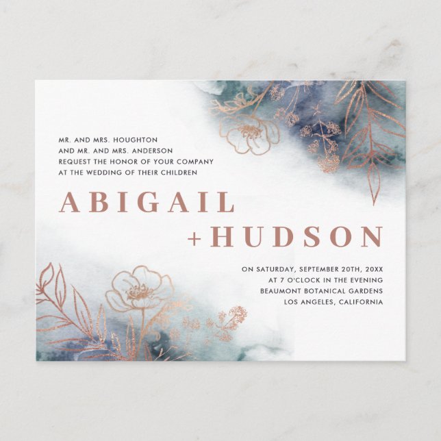 Invitation Carte Postale Aquarelle Chic Navy & Rose or Mariage Floral (Devant)