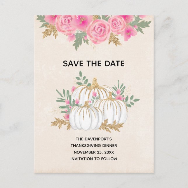 Invitation Carte Postale Aquarelle Citrouille blanche et or Enregistrer la  (Devant)