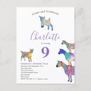 Invitation Carte Postale Aquarelle de chèvre fête d'anniversaire violet