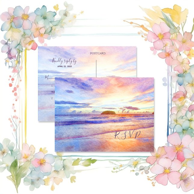 Invitation Carte Postale Aquarelle de plage rose soleil RSVP (Créateur téléchargé)