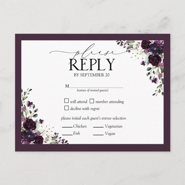 Invitation Carte Postale Aquarelle de prune mauve-mauve Mariage floral RSVP (Devant)