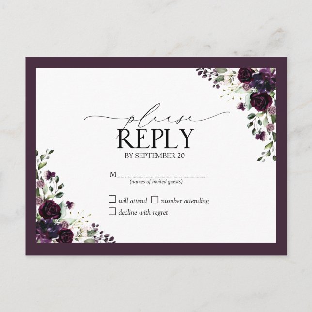 Invitation Carte Postale Aquarelle de prune mauve-mauve Mariage floral RSVP (Devant)