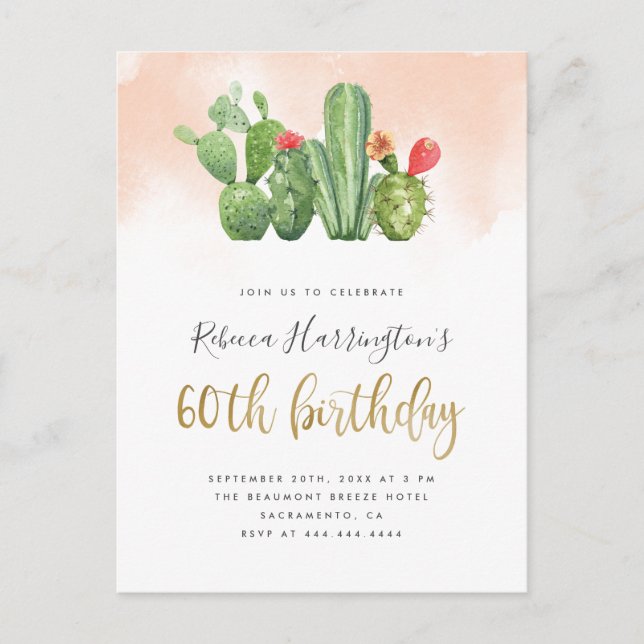 Invitation Carte Postale Aquarelle et cactus 60e anniversaire de style (Devant)