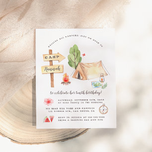 Invitation Carte Postale Aquarelle Été Camping Filles Fête d'anniversaire