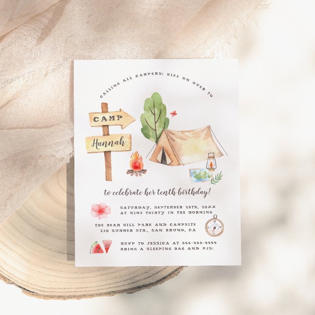 Invitation Carte Postale Aquarelle Été Camping Filles Fête d'anniversaire (Créateur téléchargé)