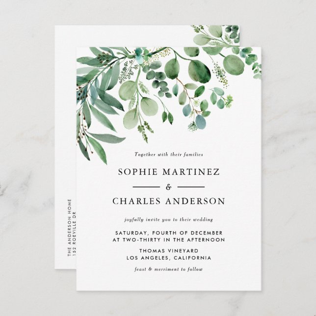 Invitation Carte Postale Aquarelle Eucalyptus Verdure QR Code Mariage (Devant / Derrière)