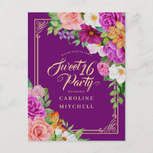 Invitation Carte Postale Aquarelle fleurie violet budget Sweet 16