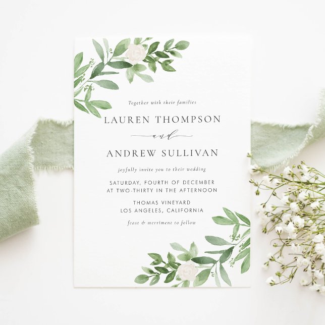 Invitation Carte Postale Aquarelle Fleurs blanches et Mariage de verdure (Watercolor White Flowers and Greenery Wedding Invitation Postcard)