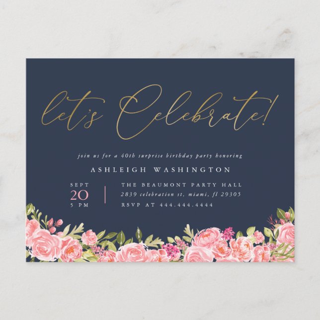 Invitation Carte Postale Aquarelle Fleurs de printemps Surprise fête d'anni (Devant)