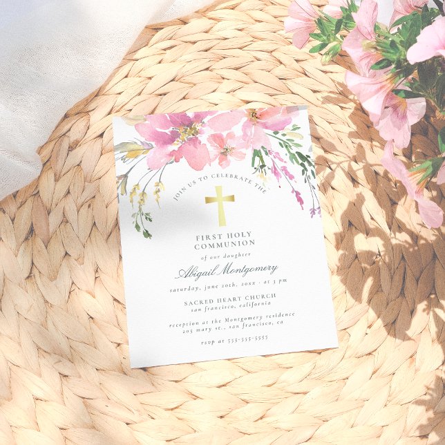 Invitation Carte Postale Aquarelle Fleurs Roses Rouges Première Communion S (Créateur téléchargé)