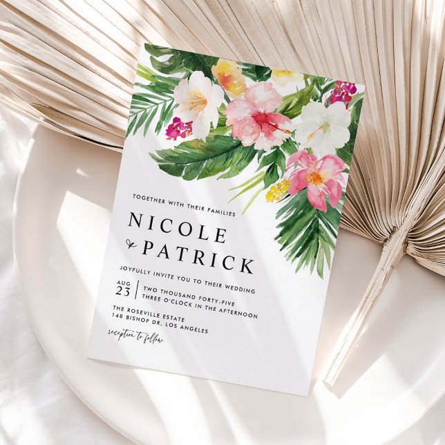 Invitation Carte Postale Aquarelle Fleurs tropicales Mariage de code QR (Watercolor Tropical Flowers QR Code Wedding Invitation Postcard)
