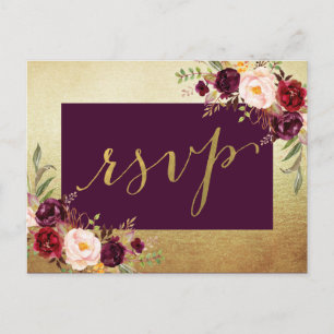 Invitation Carte Postale Aquarelle Floral Faux Gold Foil Mariage RSVP