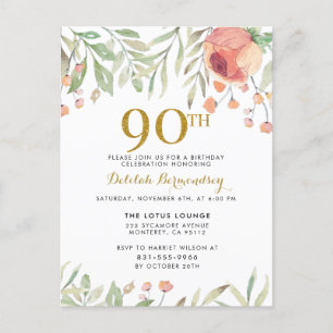 Invitation Carte Postale Aquarelle Floral Gold Parties scintillant 90e fête