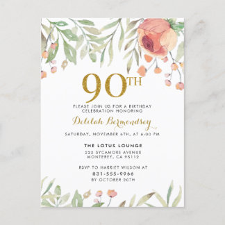 Invitation Carte Postale Aquarelle Floral Gold Parties scintillant 90e fête