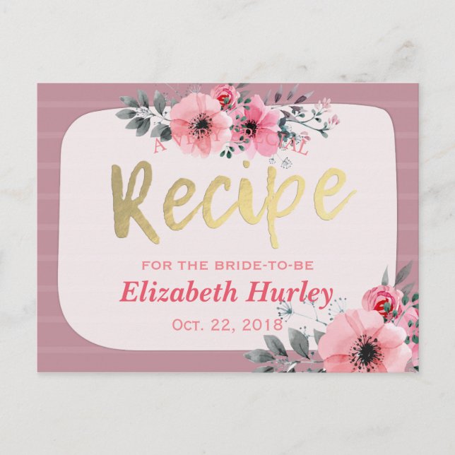 Invitation Carte Postale Aquarelle Floral Gold Script Fête des mariées Rece (Devant)