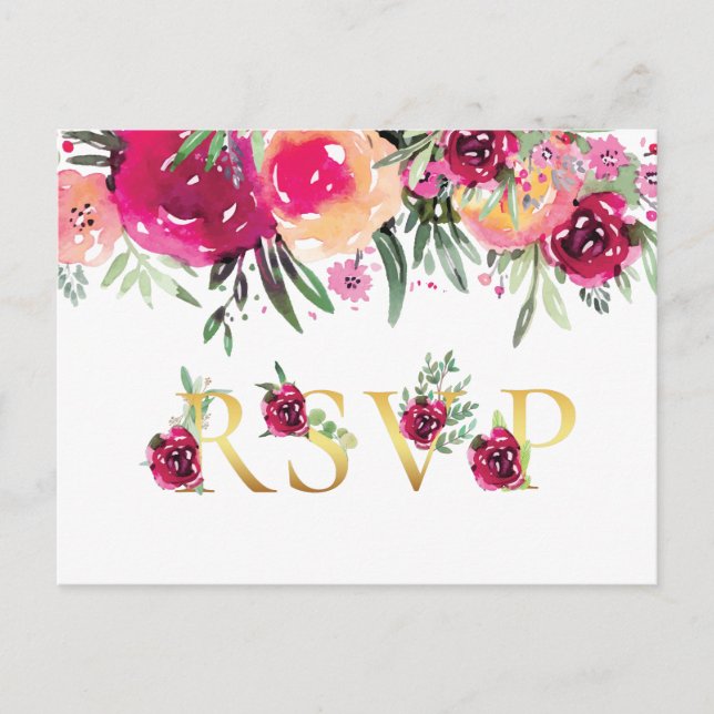Invitation Carte Postale Aquarelle Floral Rose Mariage Choix de repas Rsvp (Devant)