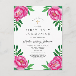 Invitation Carte Postale Aquarelle florale Communion solennelle Pivoines ro