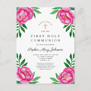 Invitation Carte Postale Aquarelle florale Peonies roses Première communion
