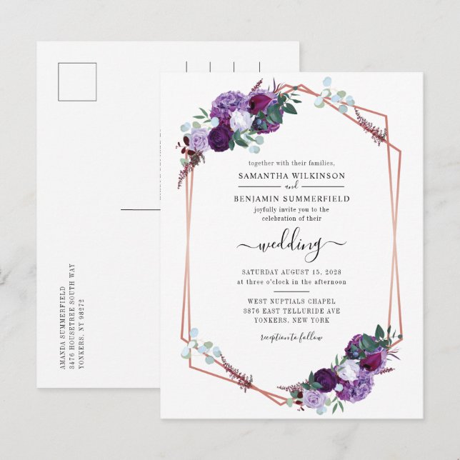 Invitation Carte Postale Aquarelle Florale pourpre Mariage (Devant / Derrière)