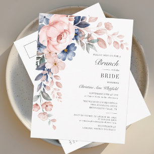 Invitation Carte Postale Aquarelle Florale Rose Bleu Fleurs Brunch nuptial