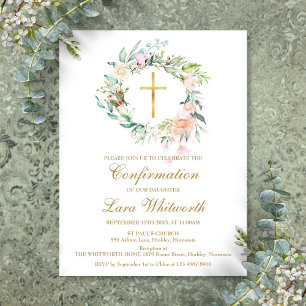 Invitation Carte Postale Aquarelle Gold Cross Confirmation Florale